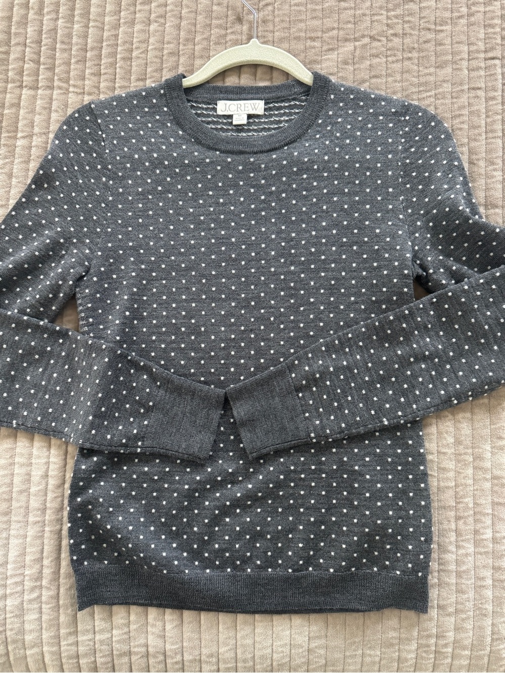J. Crew Charcoal Gray Crewneck Sweater with White Dot Pattern